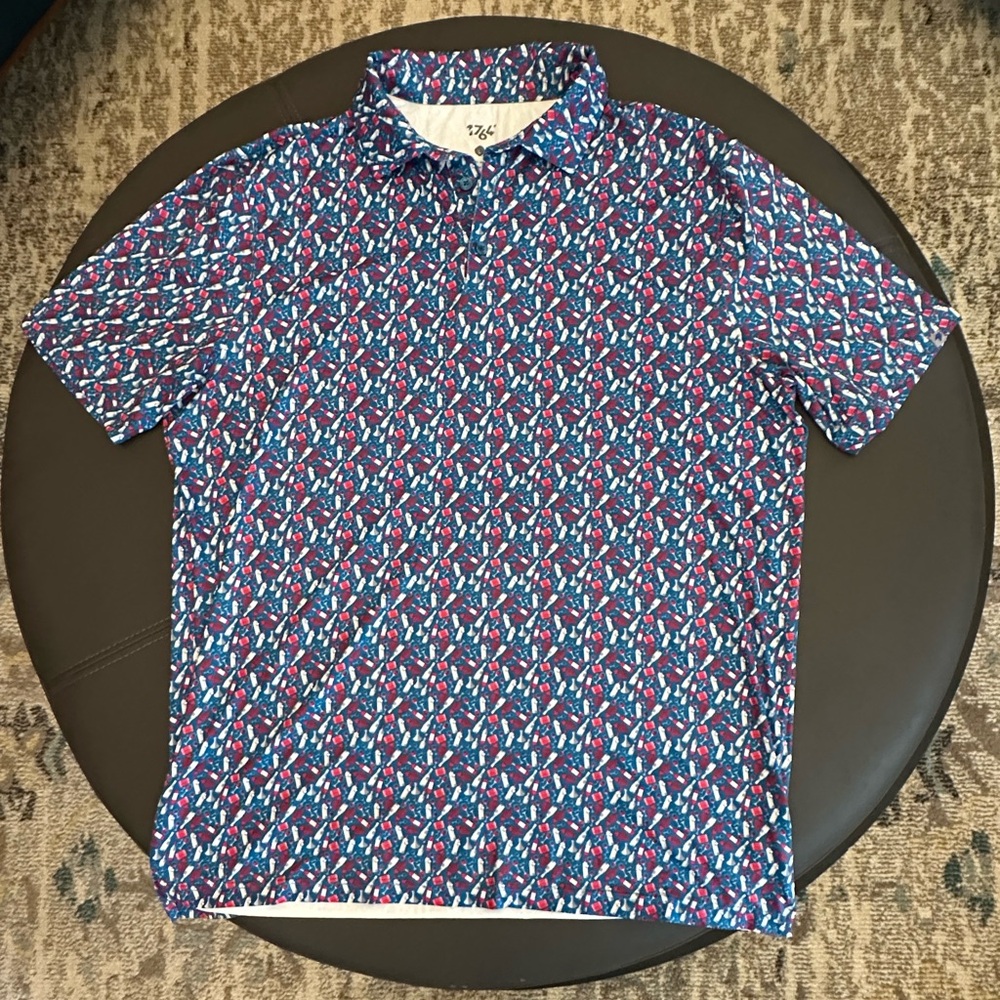 1764 Golf Polo Shirt Men’s L All Over Print Wine Bottles Barrels Glasses